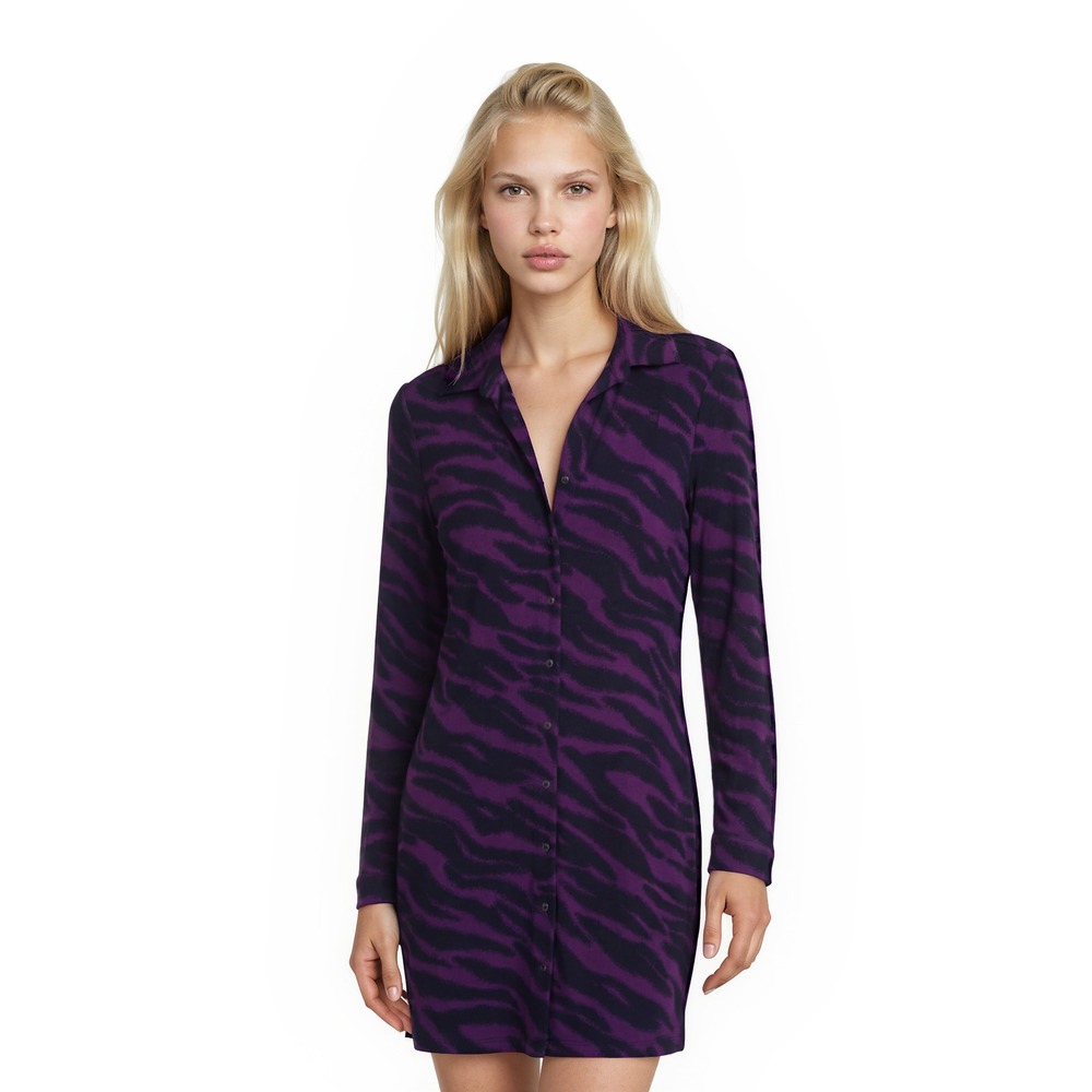 New Anne Klein Dress Women Size 10 Purple Black Tiger Stripe Shirt Long Sleeves